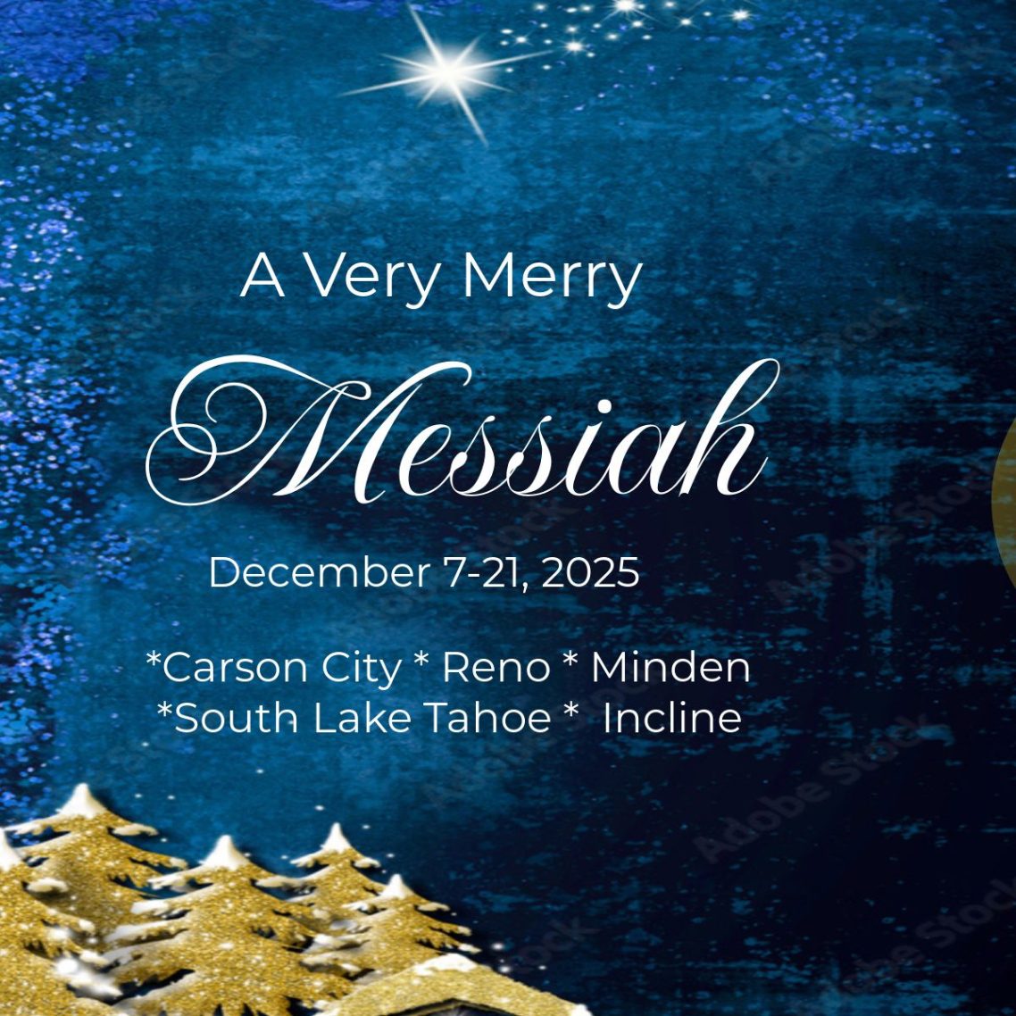Messiah December 2025 A Very Merry Messiah with Tahoe Philharmonic Orchestra and Chorus A Very Merry Messiah with Tahoe Philharmonic Orchestra and Chorus poster art blue with sky with gold trees